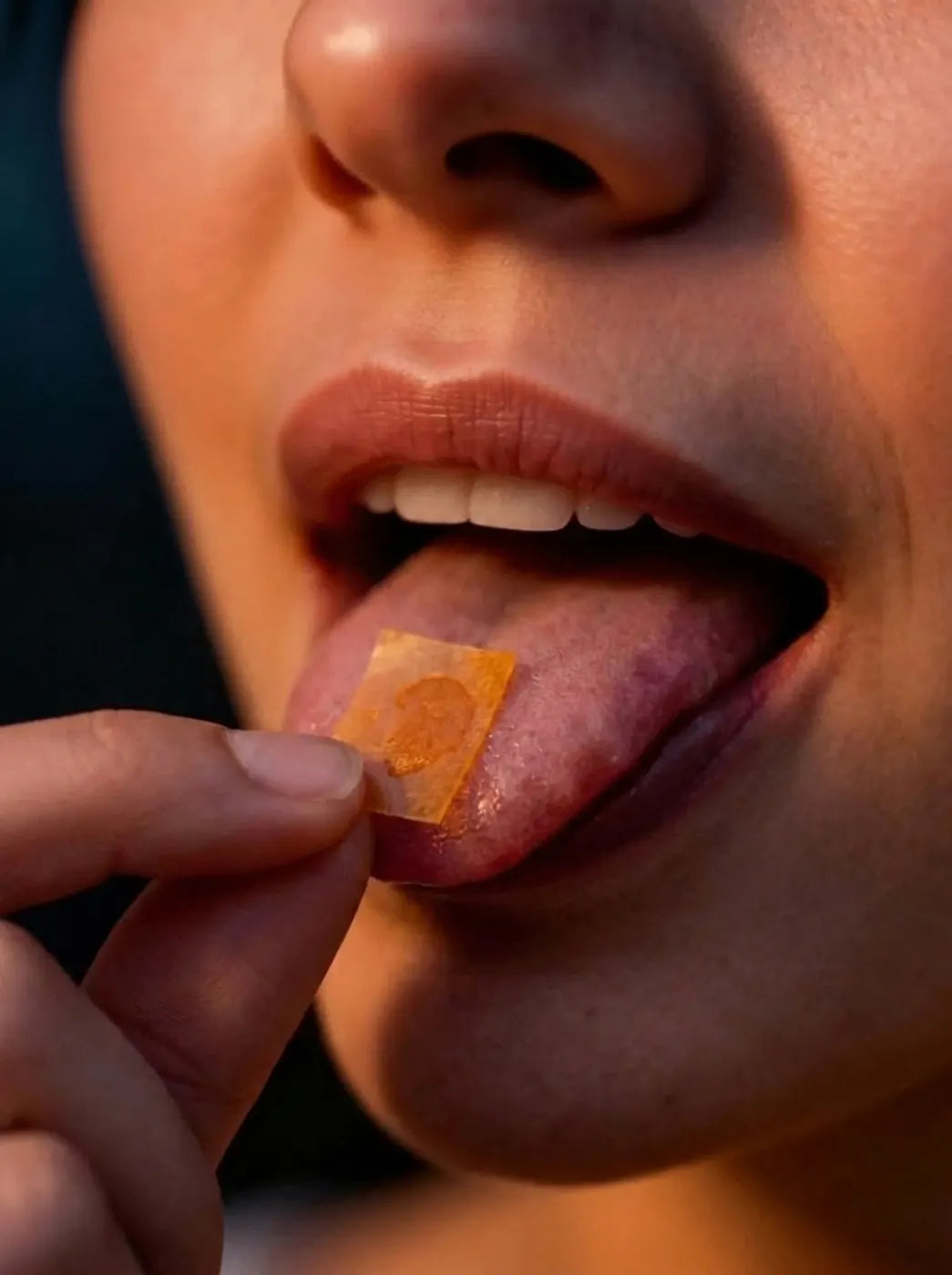 A dissolvable Avzi sleep strip placed on the tongue