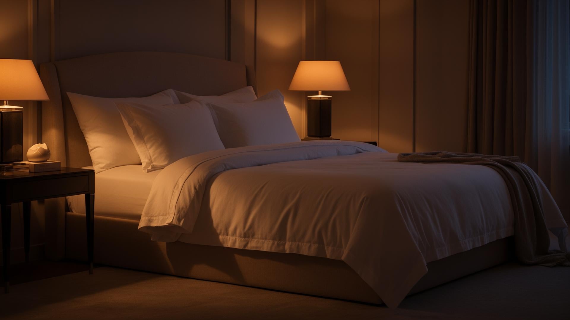A calm, warmly lit bedroom in the evening